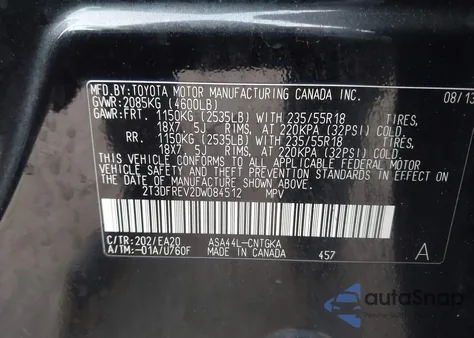 2013 Toyota Rav4 Limited z USA, uszkodzony, nr VIN 2T3DFREV2DW084512